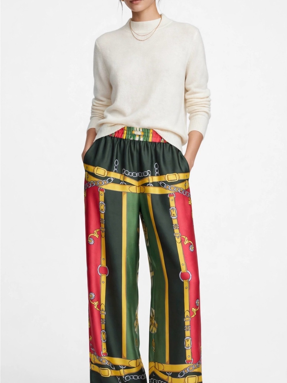 Gucci Green, Red & Gold Wide-Leg Printed Silk Pants